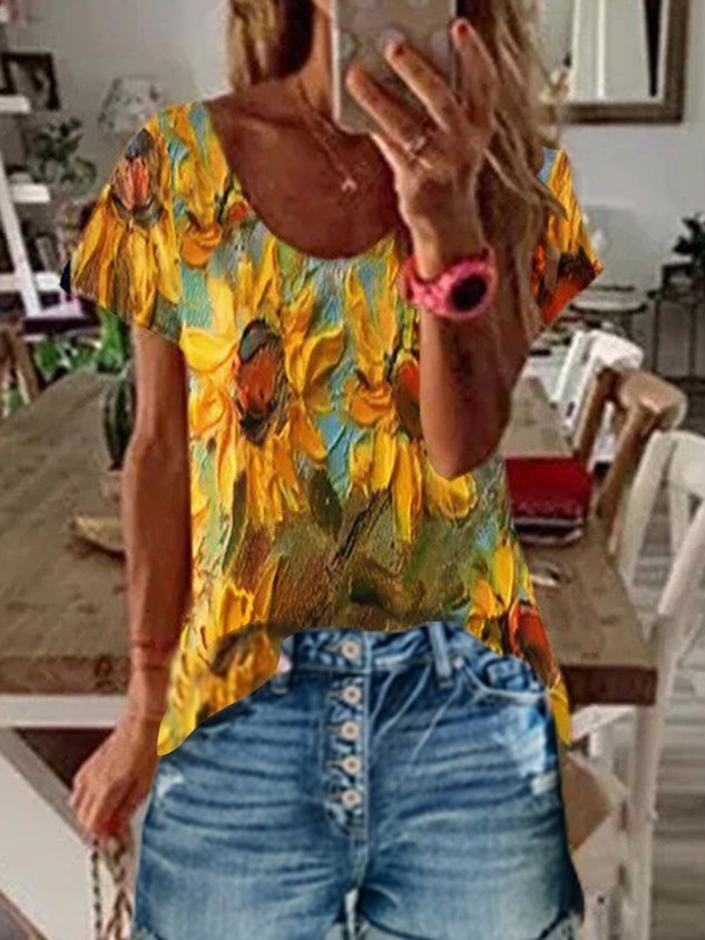 Crew Neck Shift Sunflower Short Sleeve T-shirt