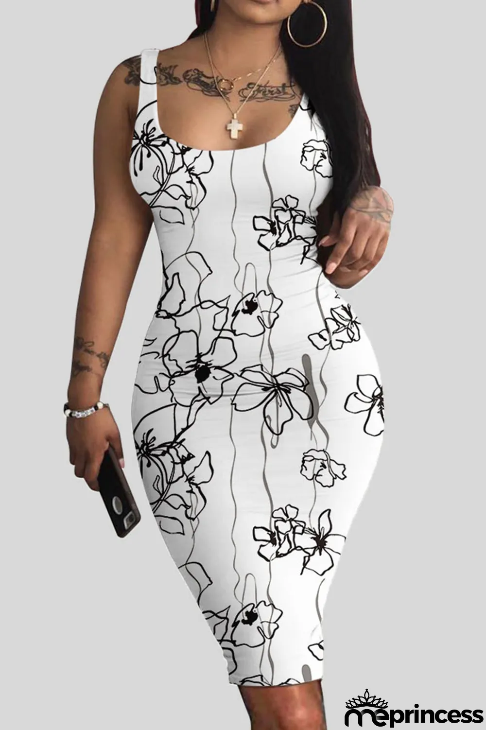 White Casual Print Patchwork U Neck Vest Dress Dresses
