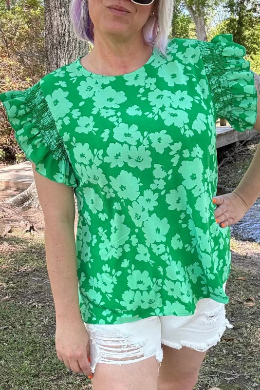 GREEN FLORAL SMOCKED RUFFLE SLEEVE TOP