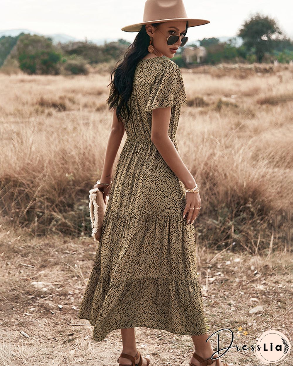 Polka Dot V Neck Side Split Button Up Midi Dress