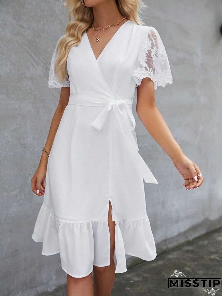 Contrast Lace Ruffle Hem Belted Dress