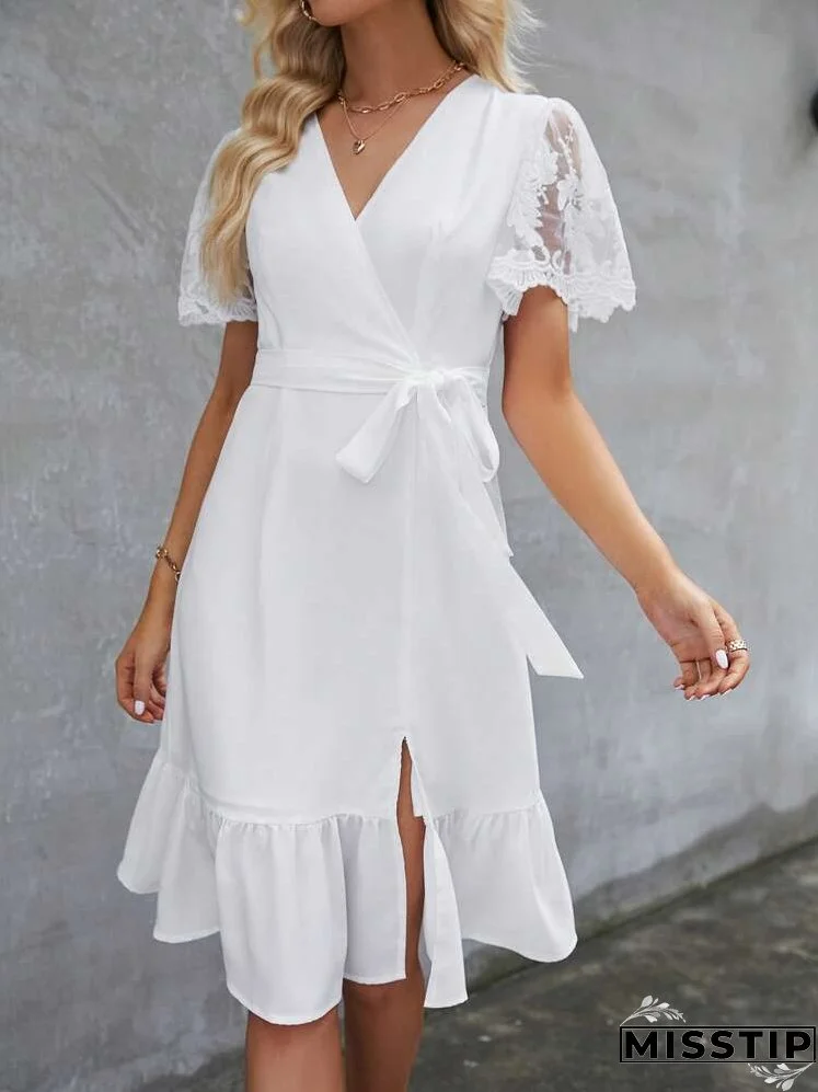 Contrast Lace Ruffle Hem Belted Dress