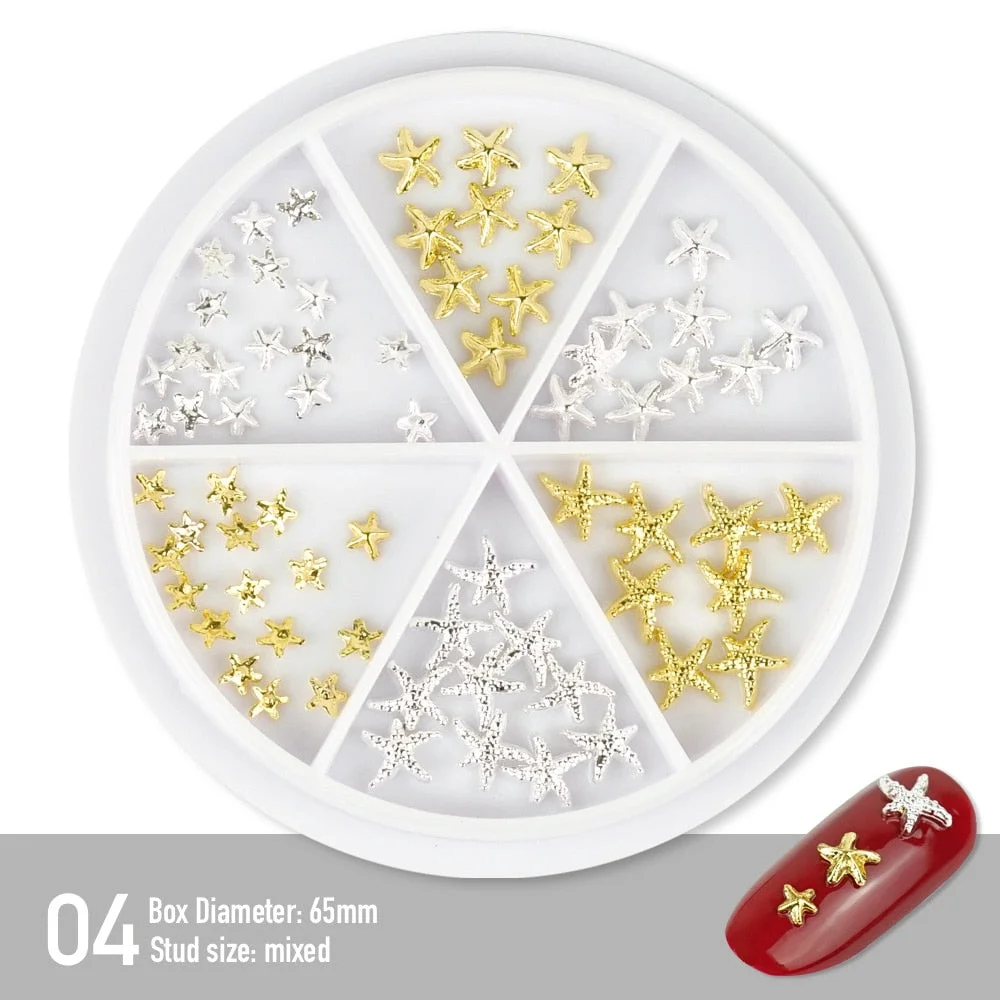 [Beautizon] 6 Grids Mixed Steel Studs Stars moons triangles Charms Nails DIY Accessories Nail Decoration Nail Art Rhinestones