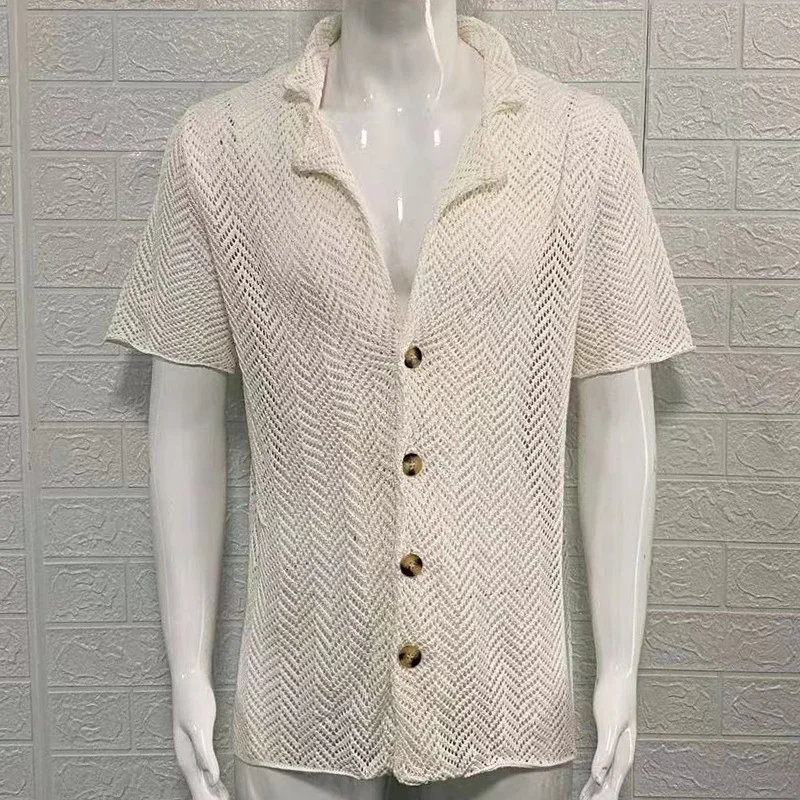 Men's Summer Hollow Knit Sweater Slim Lapel Short-sleeved Knit Shirt