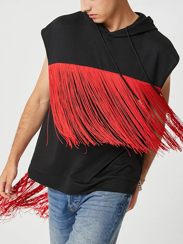 Aonga - INCERUN Mens Tassels Fringe Contrast Color Sleeveless HoodieJ