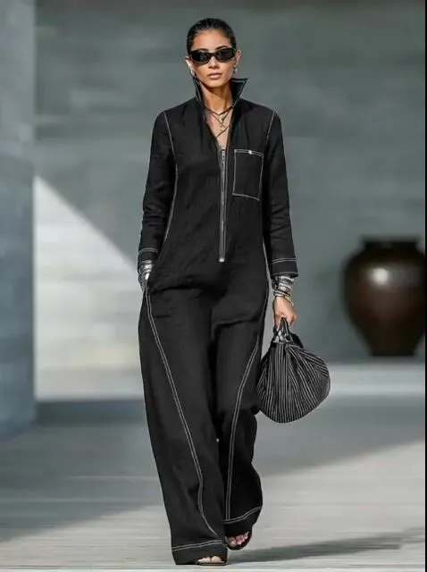 Women's Minimalist Long-Sleeve Jumpsuit With Zip-Up Stand Collar