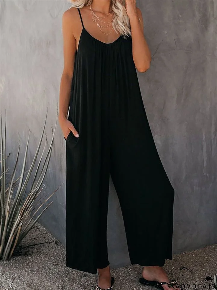 Casual  Solid Color Pocket Cut Overalls