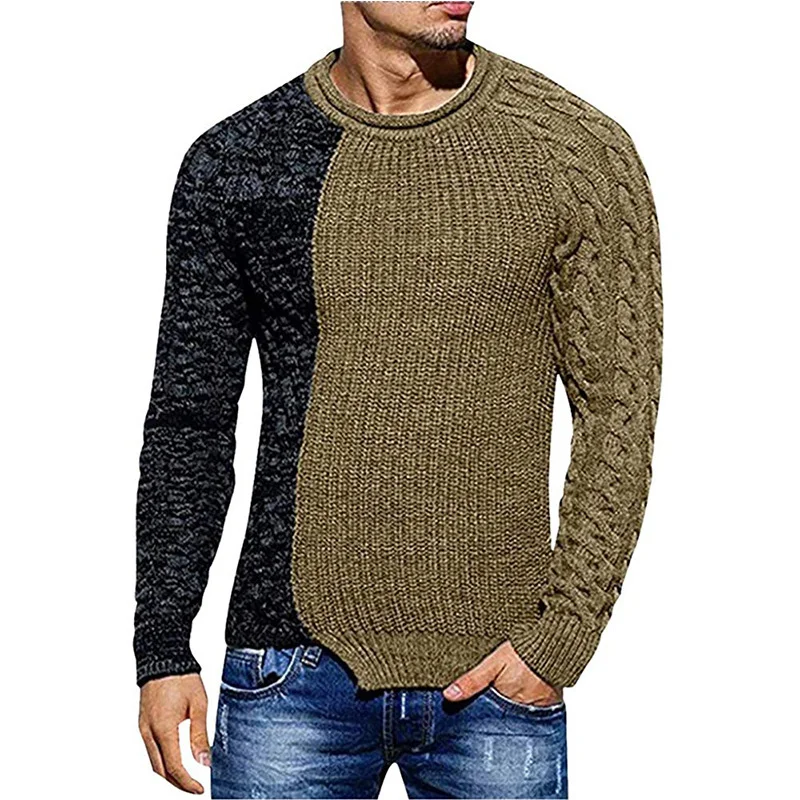 Men's Sweater 2023 Fall/winter Crewneck Long Sleeve Knitted Slim Sweater Color Block Patchwork Knit Sweater