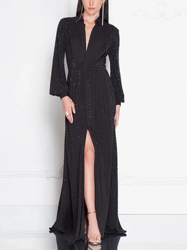 Lapel Sequin Solid Long Sleeve Maxi Dress