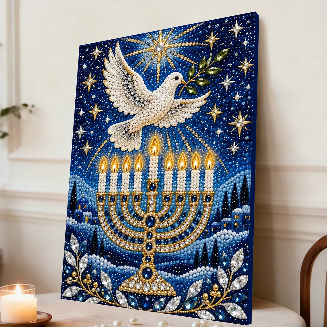 Framed Pearl Painting Kit Hanukkah Menorah Dove 11.81x15.75in