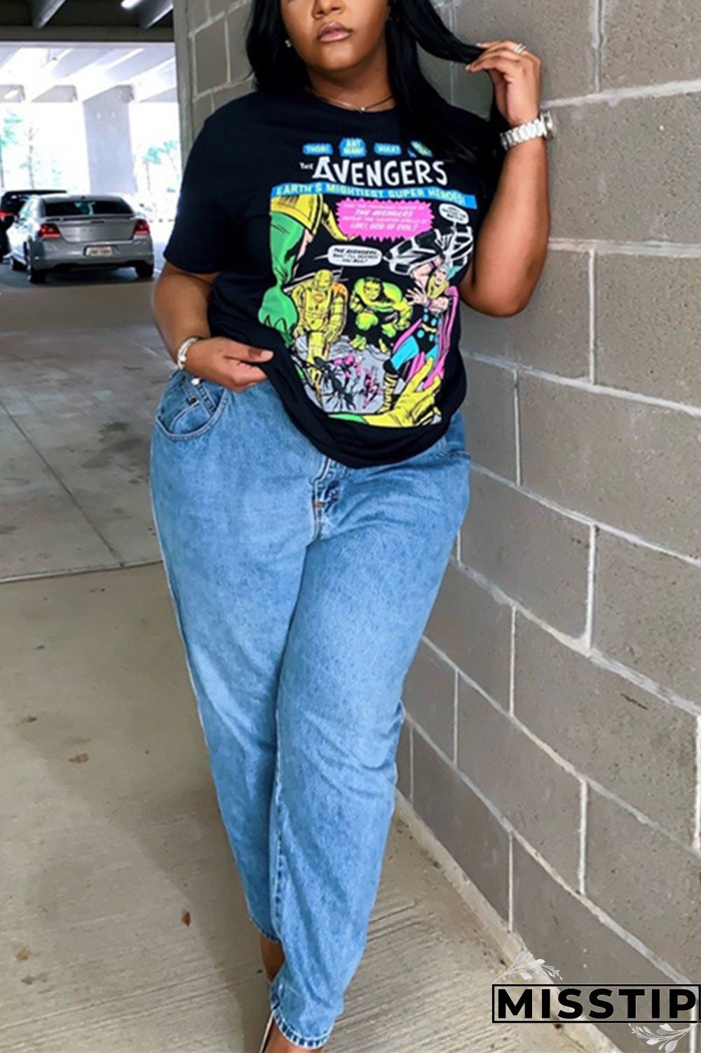 Letter Fashion Casual Printed Black Plus Size T-shirt