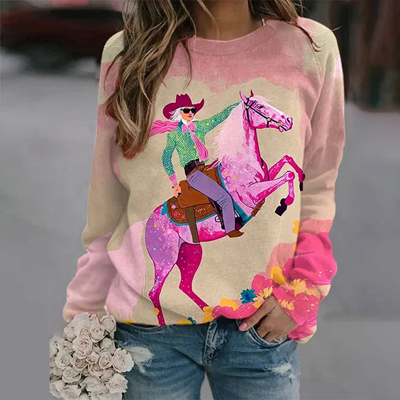 Women's Pink Cowgirl Horse Print Casual Sweater