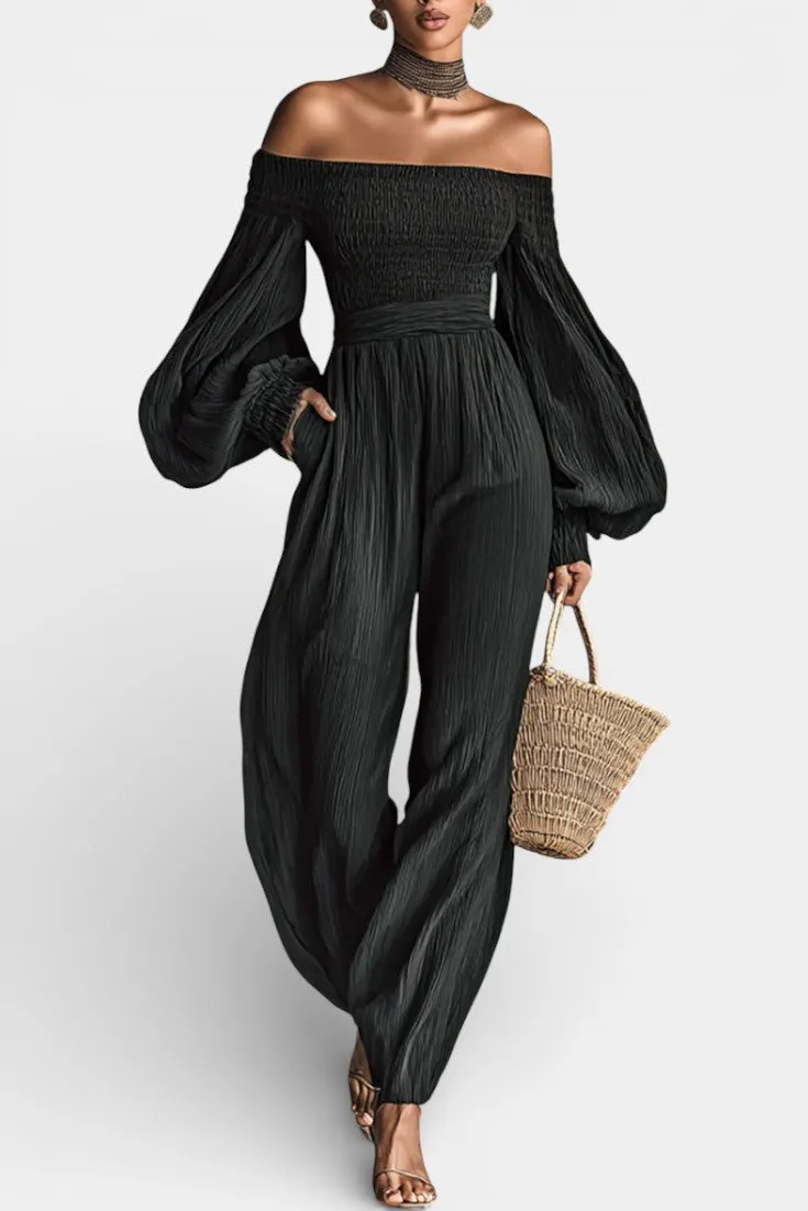 Off-Shoulder Pleated Jumpsuit with Bell Sleeves