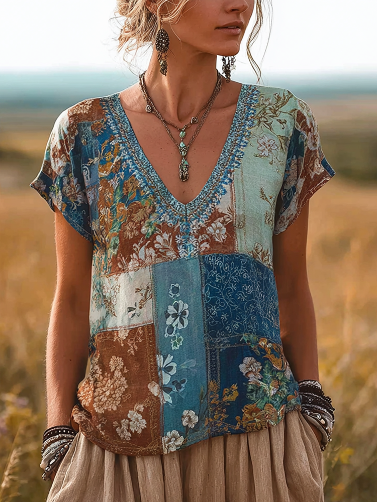  Bohemian Style Plant And Flower Pattern Women's Cotton And Linen T-shirt Westsshops