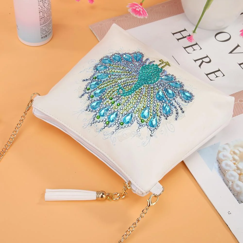 DIY Bag - Rhinestone - Peafowl  Leather Chain Crossbody Bags