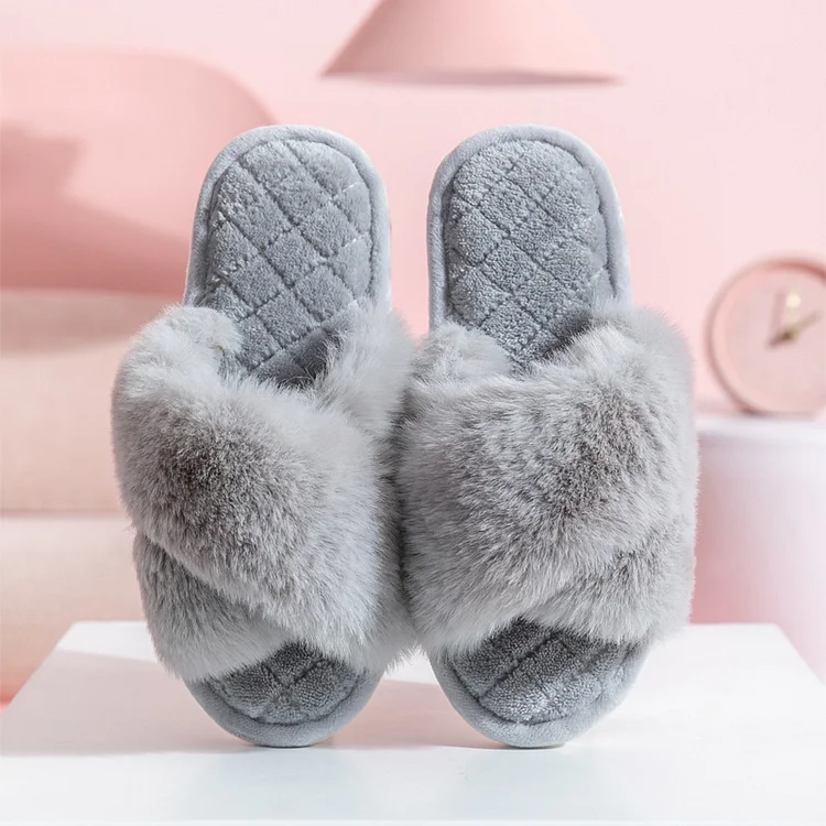 Women's Winter Slippers Plush Cross Floor Cotton Slippers Indoor Home Warm Furry Slippers socialshop