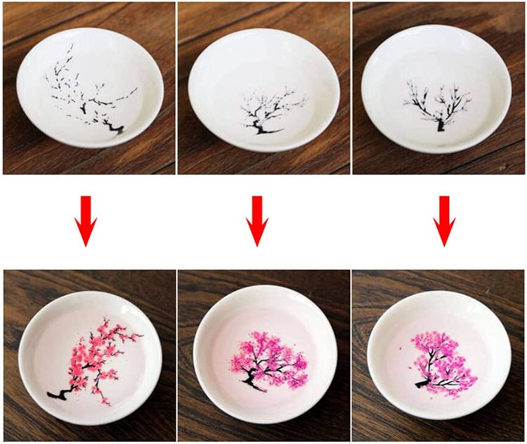 Cold&Hot Temperature Two-way Color Changing Sakura Sake Cup Ceramic Cherry/Peach/Plum blossoms Sake Set Wine Set Tea Cup (Paper Box Package