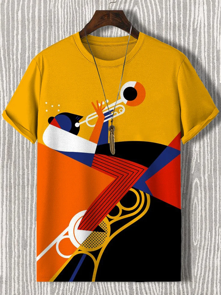 Men's Retro Color Block Splicing Art Trumpeter Abstract Print Casual T-Shirt
