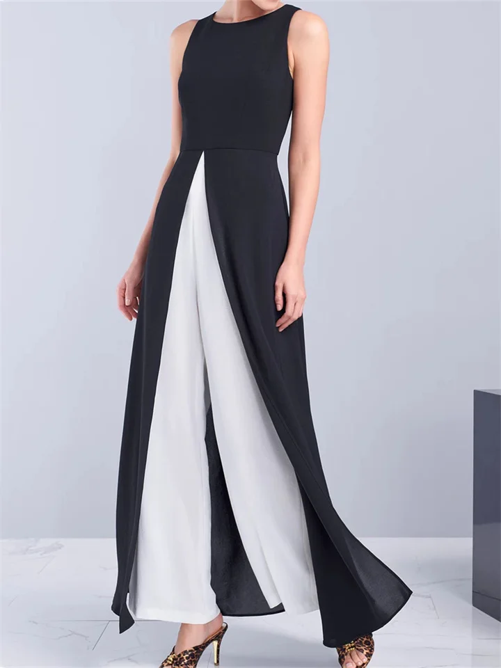 Sleeveless Body Shaping Black and White Contrast Dress Pants Suit | EGEMISS