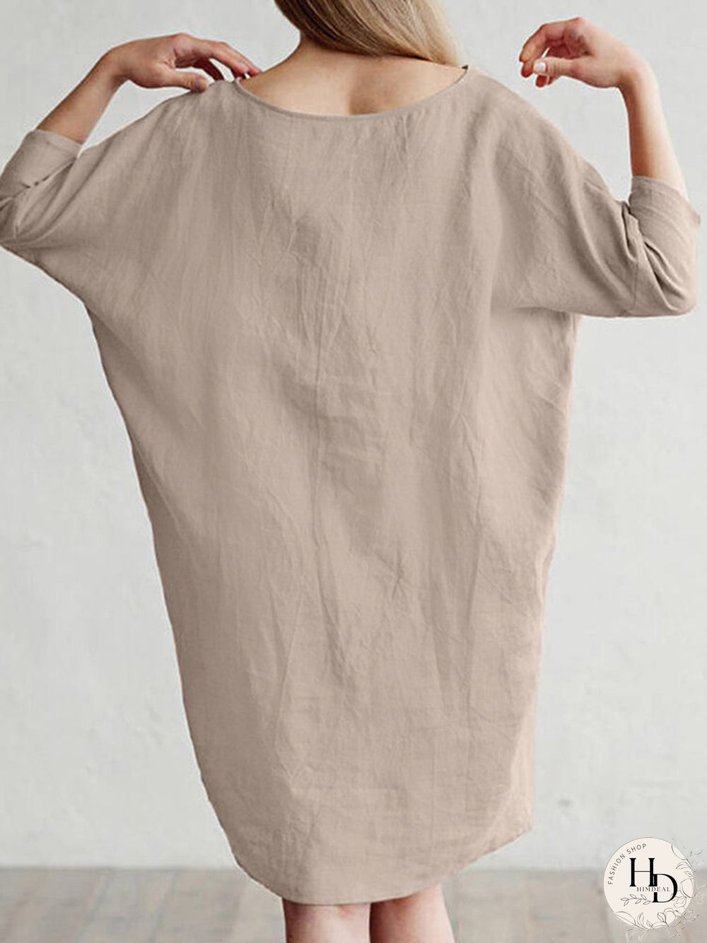 Solid Color 3\/4 Sleeve O-neck Pocket Cotton Dress