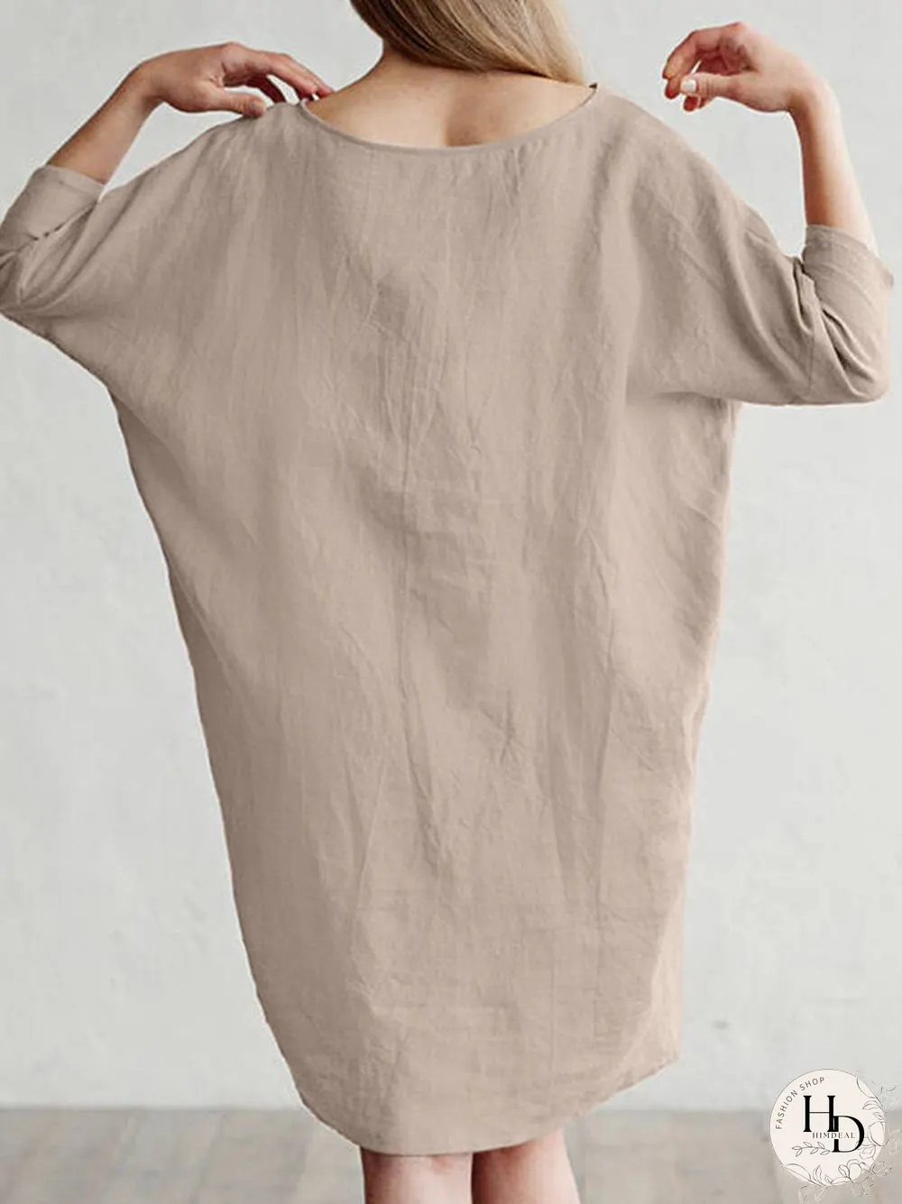 Solid Color 3\/4 Sleeve O-neck Pocket Cotton Dress