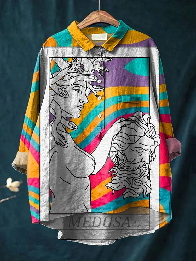 Vintage Medusa Painting Art Print Casual Cotton And Linen Shirt