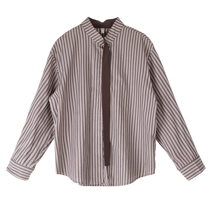 fall outfits women 2024 French Stand Collar Ribbon Design Striped Long Sleeve Shirt for Women Autumn New
