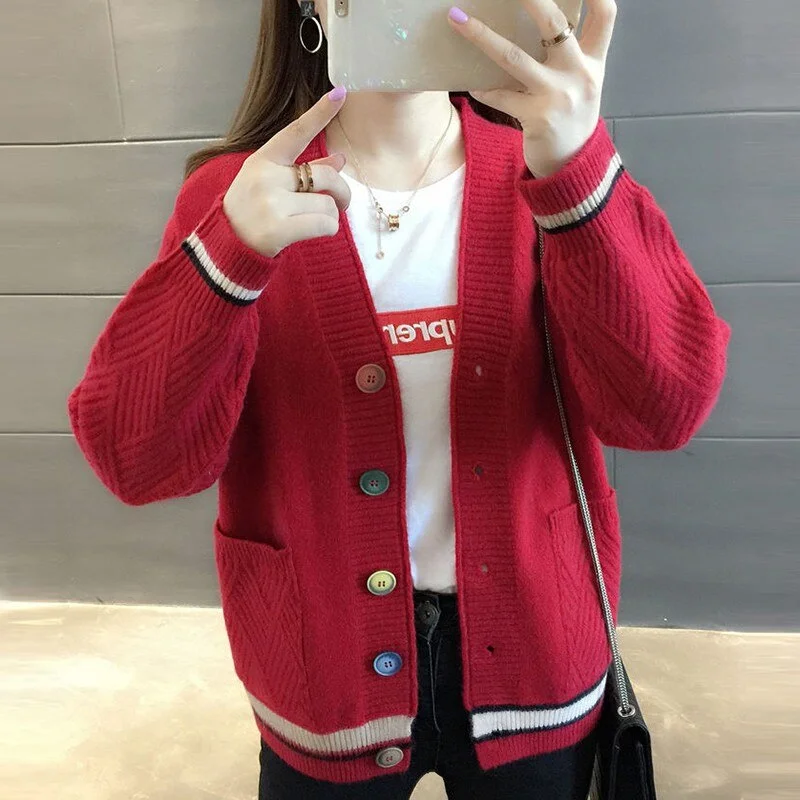 New 2021 Autumn and Winter Women Sweater Casual Cardigan Korean Vintage V-neck Single-Breasted Knitted Cardigan Female 10910