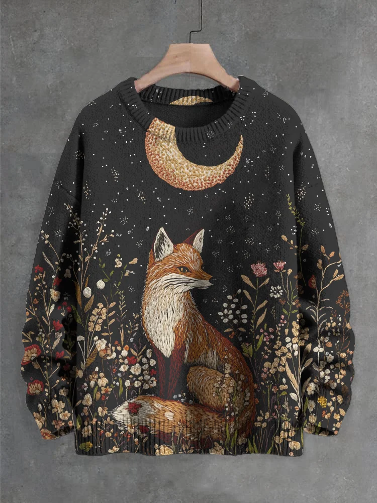 Women's Botanical Floral Moon Fox Print Knit Sweatshirt