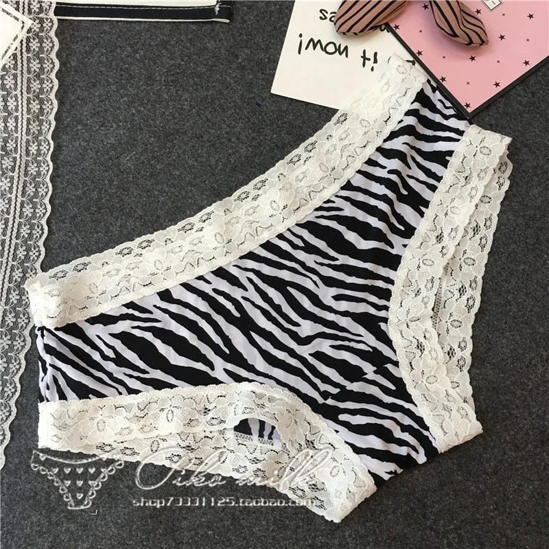 European Style Sexy Underwear Women's Ice Silk Printing Panties Fashion Lace Briefs Ladies Low Waist Underpants Female Lingerie
