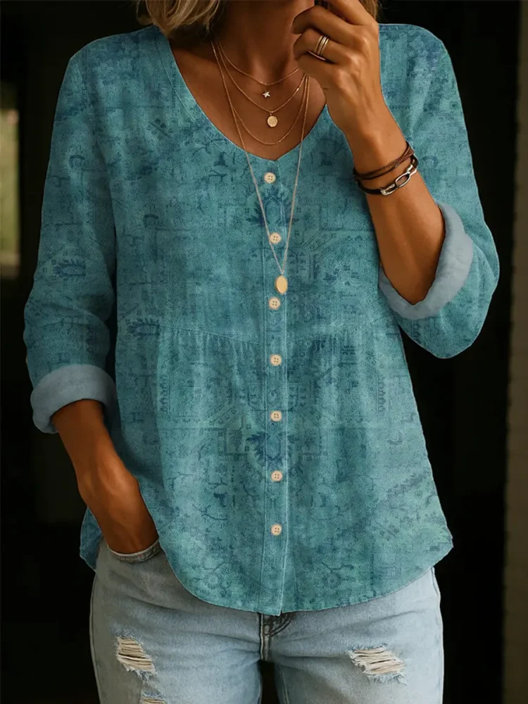 Women's Vintage Pattern Art Print Casual Cotton Shirt