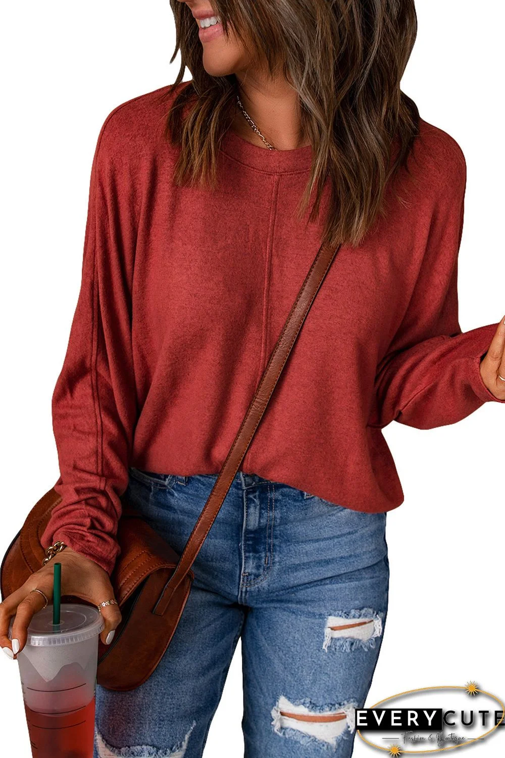 Red Solid Color Patchwork Long Sleeve Top