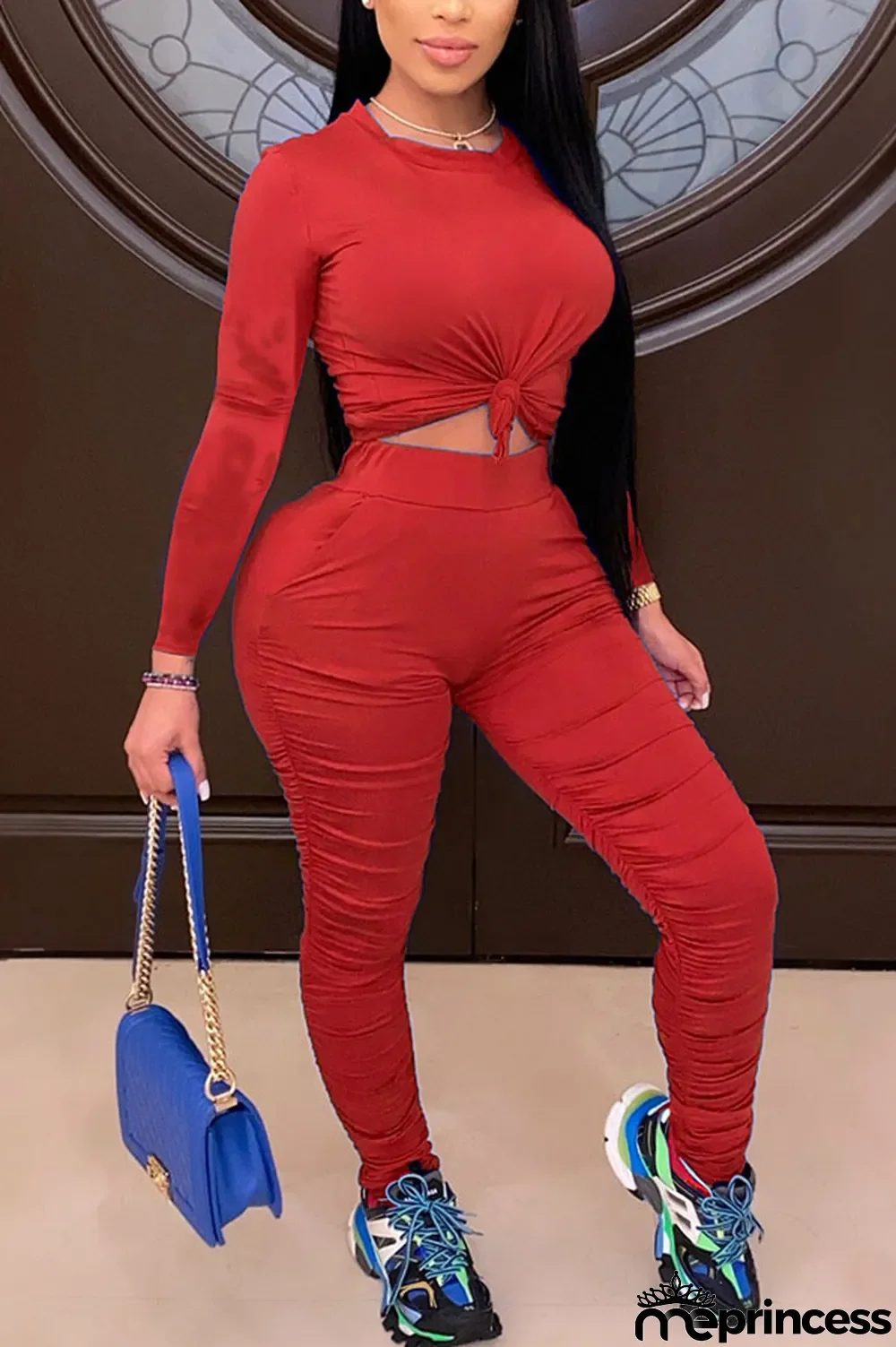Red Casual Street Sportswear Punk Polyester Solid Fold Pullovers Pants Basic Knotted O Neck Long Sleeve Regular Sleeve Short Two Pieces