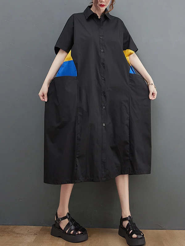 Original Roomy Contrast Color Midi Shirt Dress