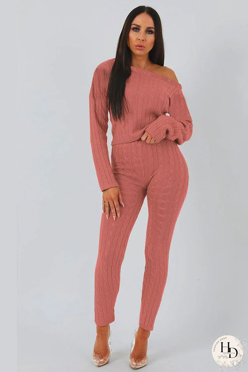 Pink Elastic Fly Long Sleeve Mid Solid pencil Pants Two-piece suit