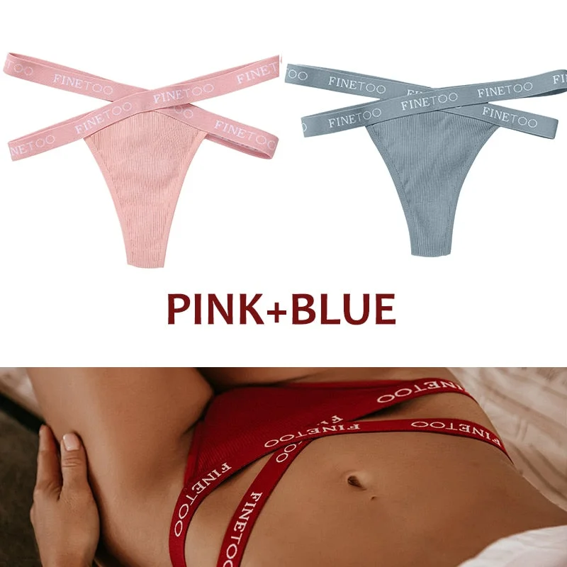 FINETOO 2PCS/Set Women's Cotton G-string Sexy Cross Strap Panties Letter Waisted Underwear Thongs Femme Hollow Out Lady Briefs