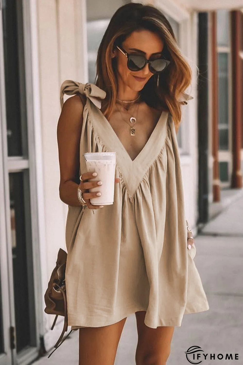 Apricot Deep V Neck Bow Knot Oversized Backless Mini Dress | IFYHOME