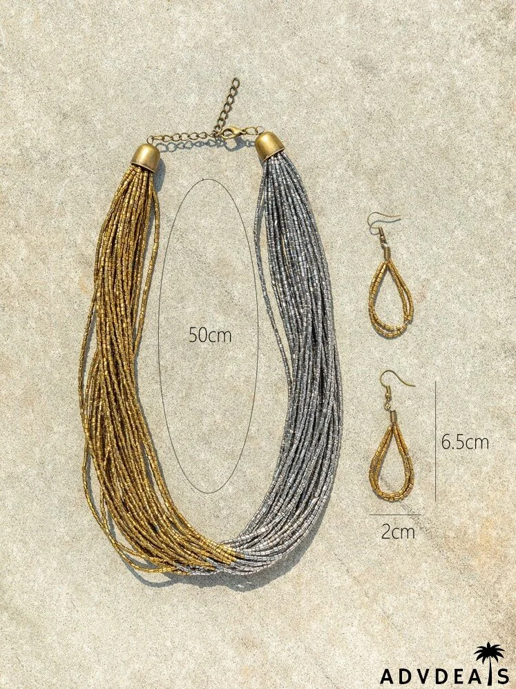 Layered Beaded Necklace & Drop Earrings