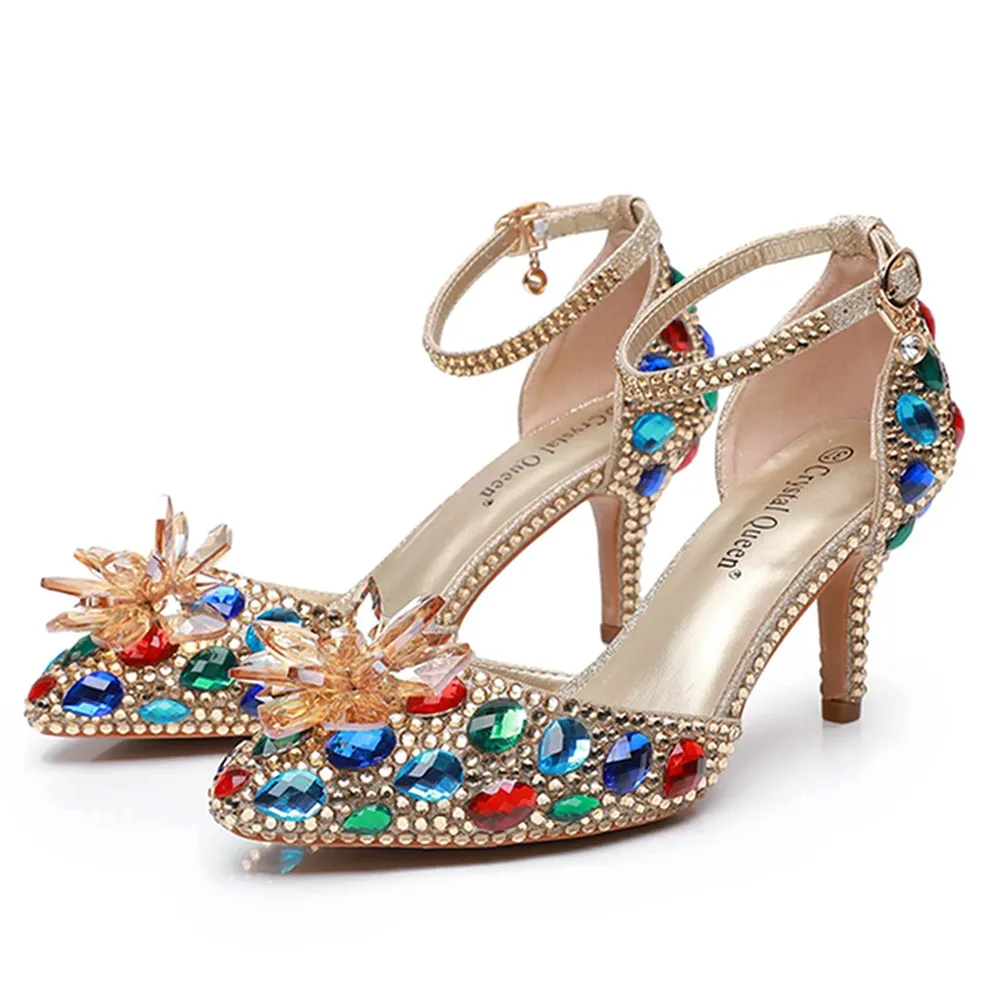 Breakj Breakj Cm Large-Size Sandals Fine Heel Head Crystal Glass High Heel Sandals Champagne Gold Banquet Dinner Women's Shoes
