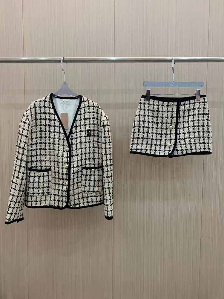 V-neck Women Button Cardigan Long Sleeve Elegant Coat Short Skirt 2 Piece Set