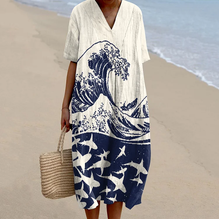 Vintage Symphony Fish Wave Of Sharks Art Printed Women's Flowy Dress