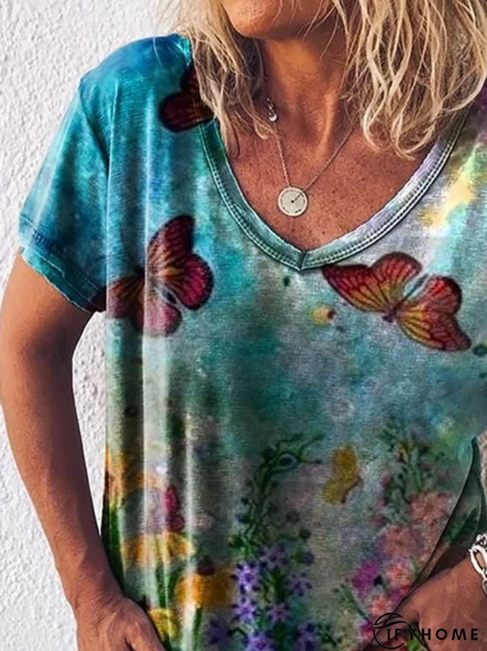 Shift Color-Block Short Sleeve V Neck T-shirt | IFYHOME