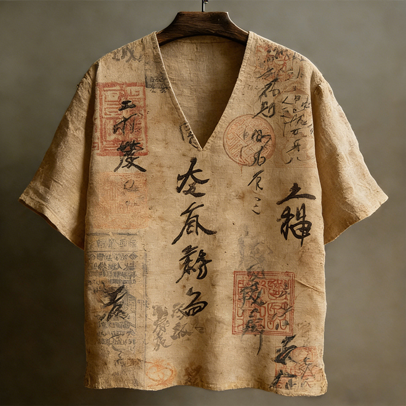 Men's Retro Calligraphy Art Short-sleeve V-neck T-shirt  artssus