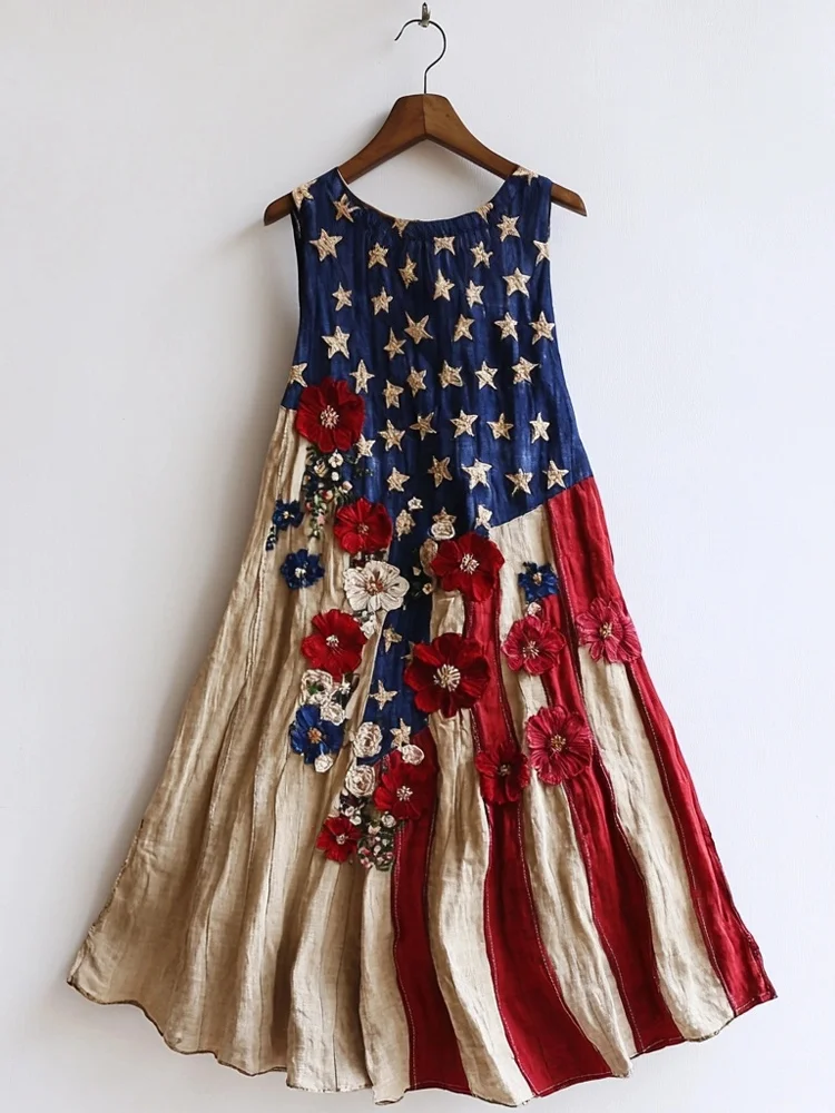 Vintage Flag Inspired Flower Embroidered Linen Tank Dress