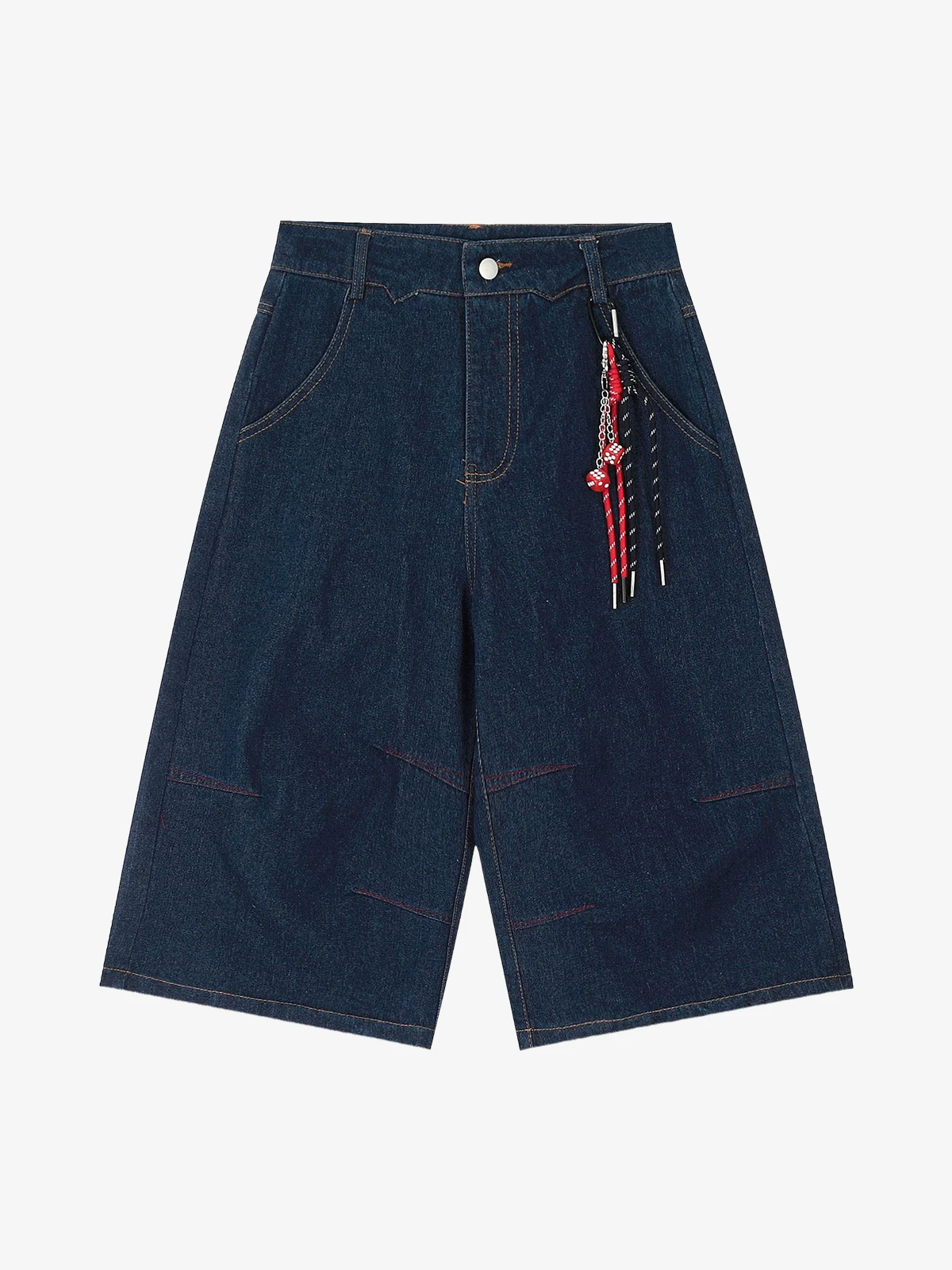 Dark Blue Act Chic Deconstructed Patchwork Pendant Longline Jorts Front