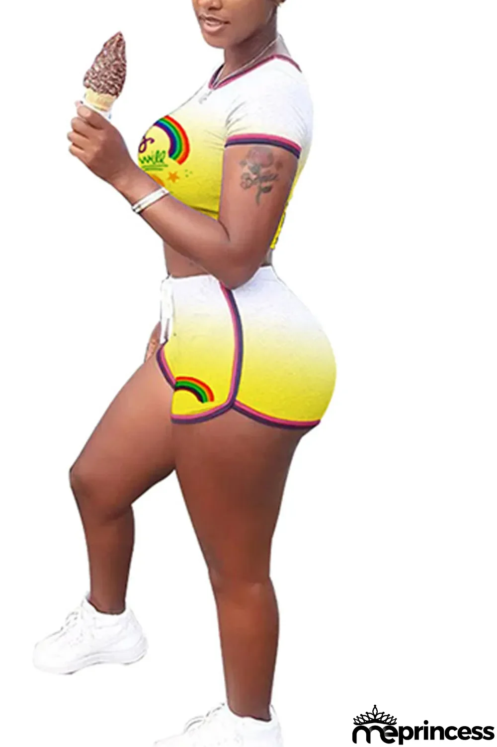 rose red Polyester Fashion Casual Print Two Piece Suits Straight Short Sleeve Two Pieces