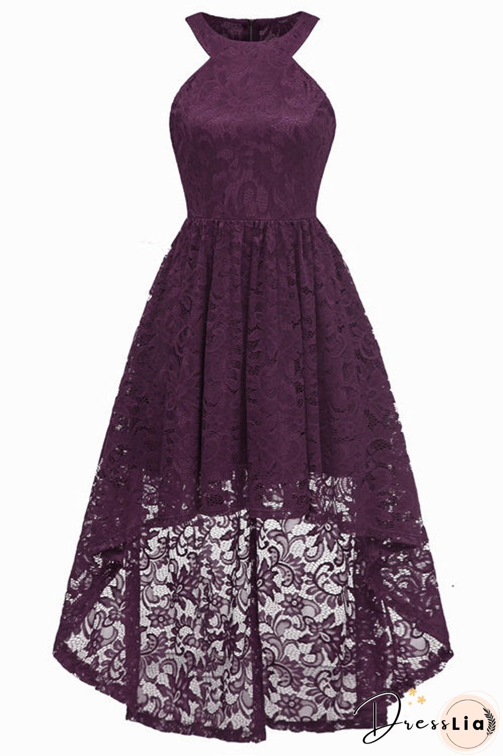 Dark Navy High Low Cut Out Lace Prom Dress