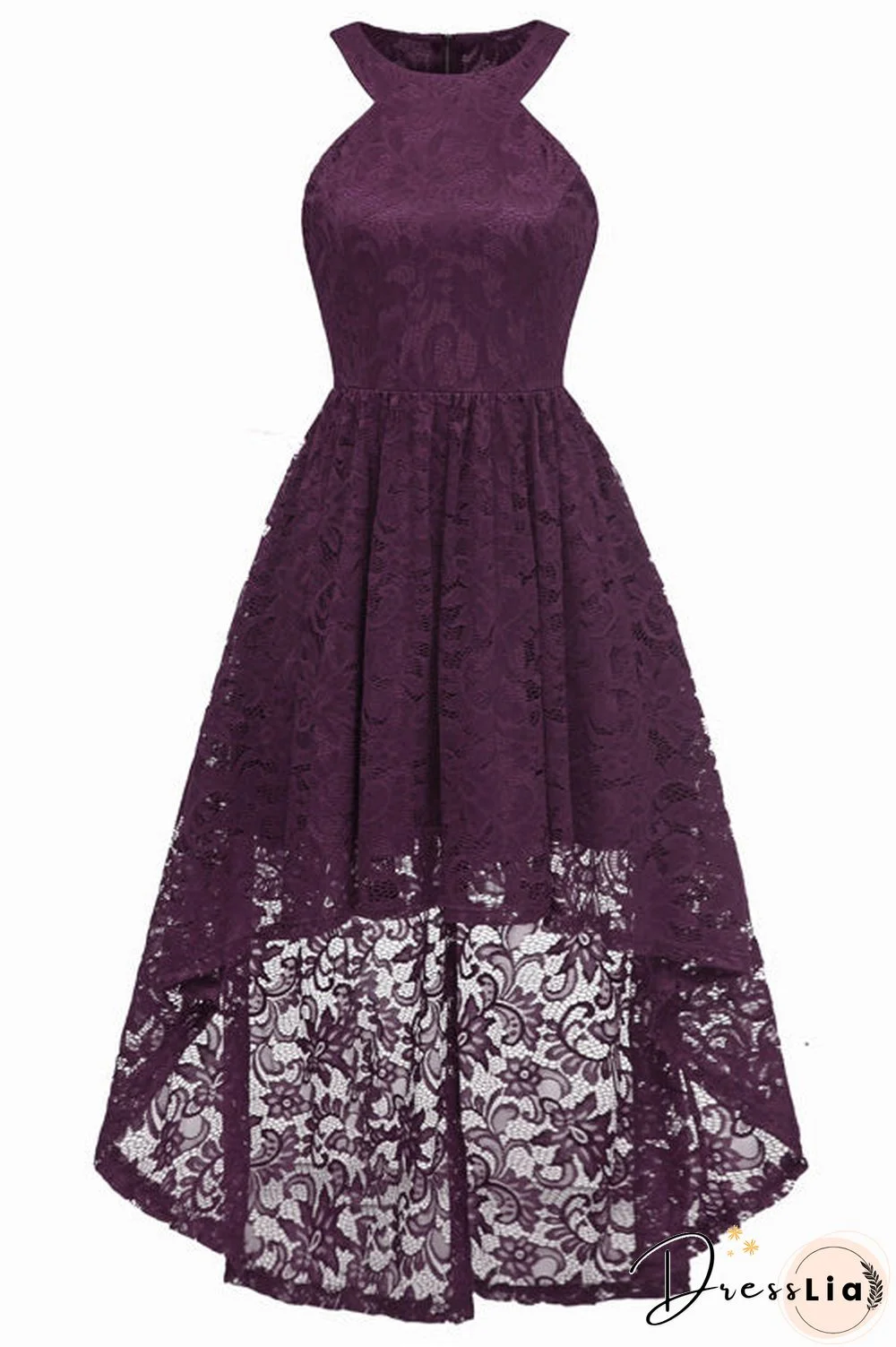 Dark Navy High Low Cut Out Lace Prom Dress