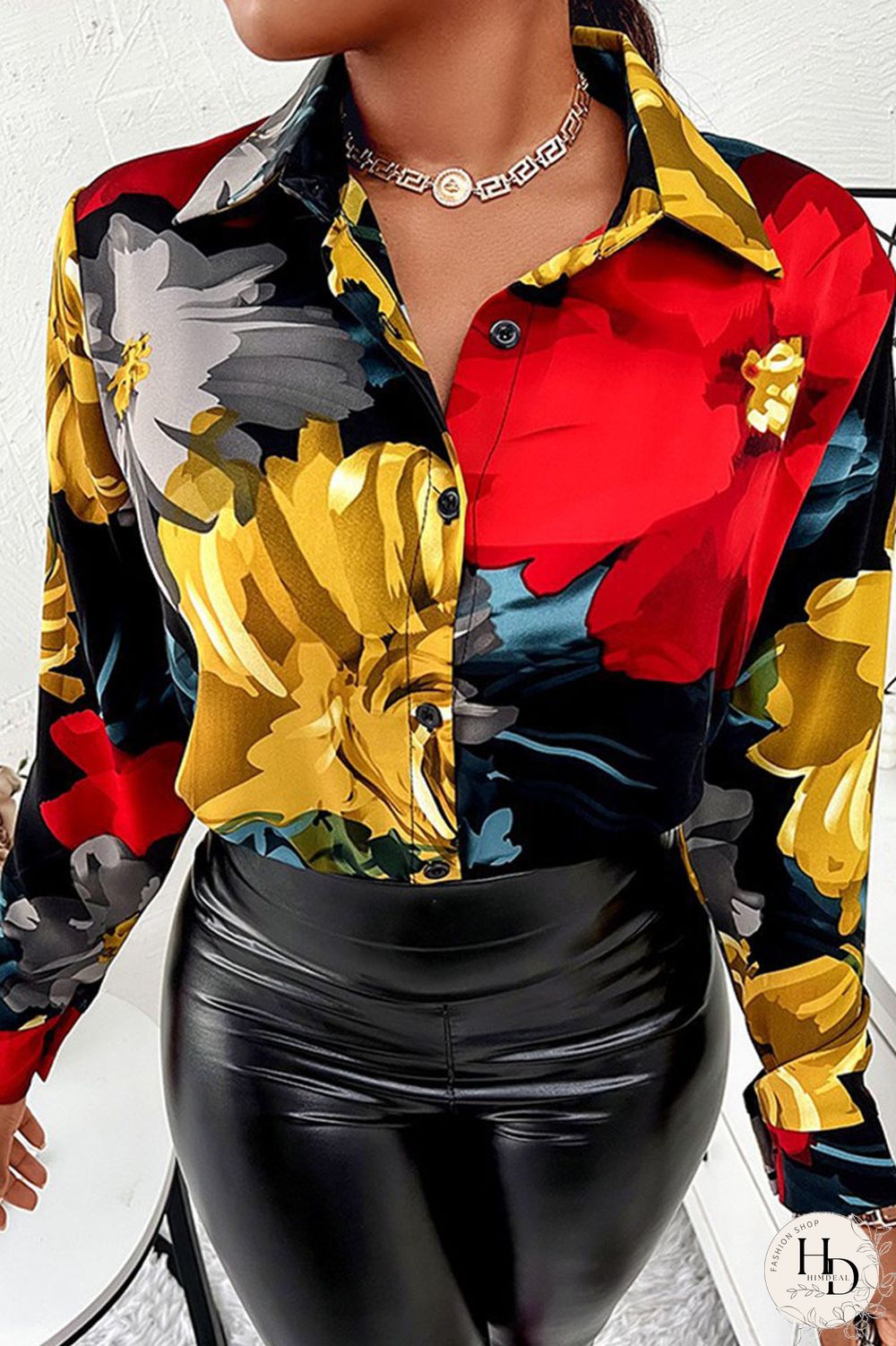 White Casual Print Patchwork Buckle Turndown Collar Tops