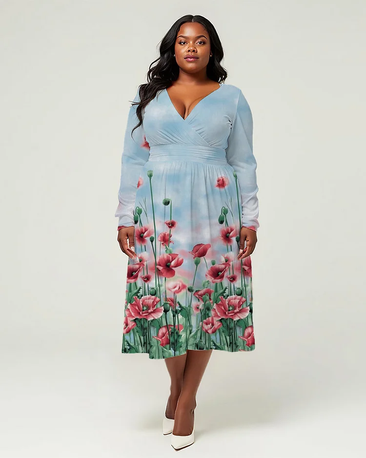 Plus Size Women's Fresh Prints Long Sleeve V Neck Dress